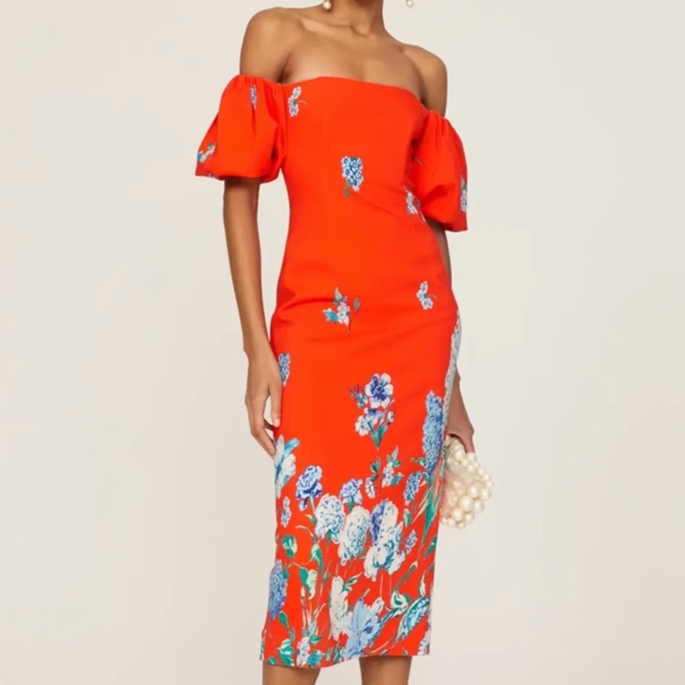 NEW Cara Cara Puff Sleeve Karene Midi Dress - Orange Red Floral - Picture 3 of 11